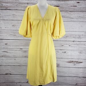 Old Navy New Women's Yellow Linen Blend Puff Sleeve Wrap Dress Size XS- Tall